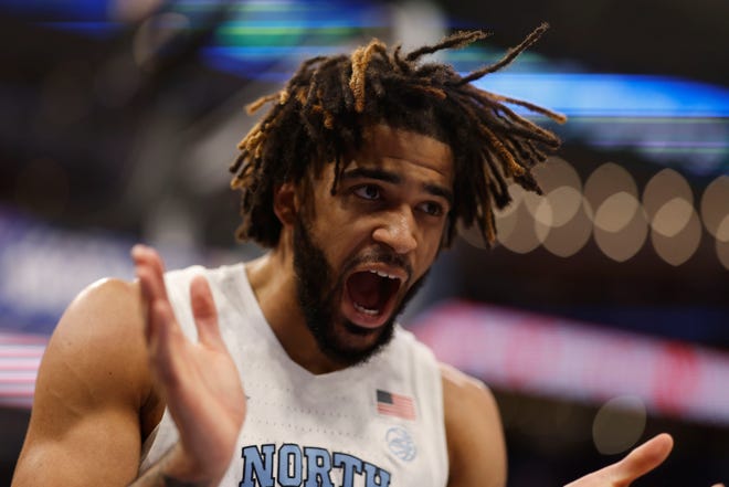 Mar 15, 2024; Washington, D.C., USA; North Carolina Tar Heels guard RJ Davis (4) reacts after scoring whle being fouled against the Pittsburgh Panthers in the second half at Capital One Arena. Mandatory Credit: Geoff Burke-USA TODAY Sports