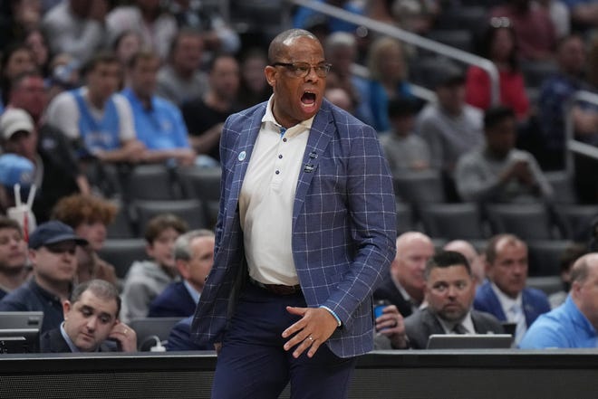 Mar 28, 2024; Los Angeles, CA, USA; North Carolina Tar Heels head coach Hubert Davis reacts in the first half against the Alabama Crimson Tide in the semifinals of the West Regional of the 2024 NCAA Tournament at Crypto.com Arena. Mandatory Credit: Kirby Lee-USA TODAY Sports