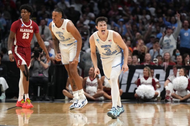 Mar 28, 2024; Los Angeles, CA, USA; North Carolina Tar Heels guard Seth Trimble (7) reacts in the first half against the Alabama Crimson Tide in the semifinals of the West Regional of the 2024 NCAA Tournament at Crypto.com Arena. Mandatory Credit: Kirby Lee-USA TODAY Sports