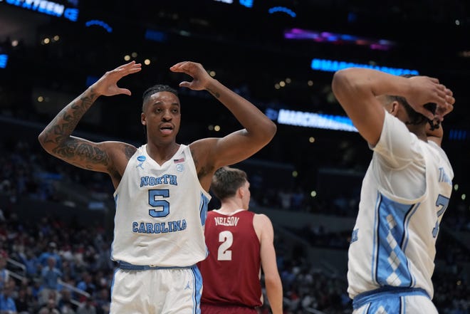 Mar 28, 2024; Los Angeles, CA, USA; North Carolina Tar Heels forward Armando Bacot (5) reacts in the first half against the Alabama Crimson Tide in the semifinals of the West Regional of the 2024 NCAA Tournament at Crypto.com Arena. Mandatory Credit: Kirby Lee-USA TODAY Sports