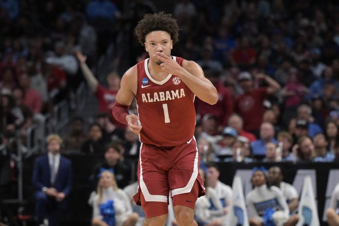 Mar 28, 2024; Los Angeles, CA, USA; Alabama Crimson Tide guard Mark Sears (1) reacts in the first half against the North Carolina Tar Heels in the semifinals of the West Regional of the 2024 NCAA Tournament at Crypto.com Arena. Mandatory Credit: Jayne Kamin-Oncea-USA TODAY Sports
