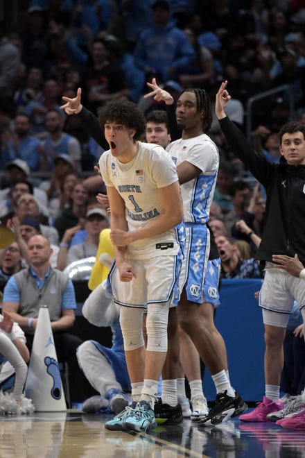 Mar 28, 2024; Los Angeles, CA, USA; North Carolina Tar Heels forward Zayden High (1) reacts in the first half against the Alabama Crimson Tide in the semifinals of the West Regional of the 2024 NCAA Tournament at Crypto.com Arena. Mandatory Credit: Jayne Kamin-Oncea-USA TODAY Sports