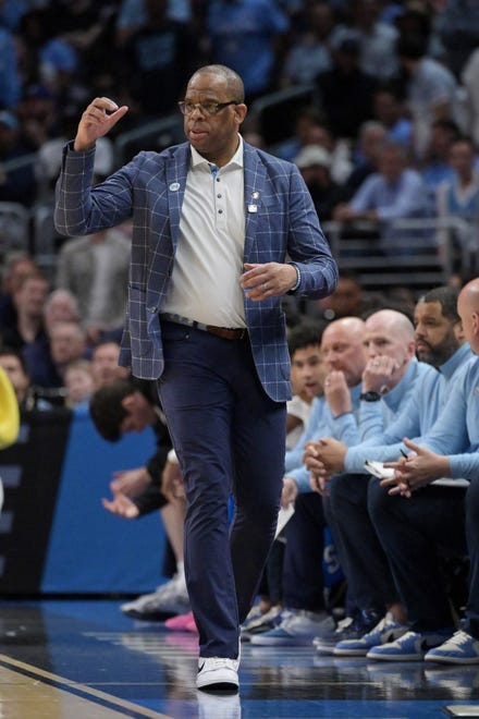 Mar 28, 2024; Los Angeles, CA, USA; North Carolina Tar Heels head coach Hubert Davis reacts in the first half against the Alabama Crimson Tide in the semifinals of the West Regional of the 2024 NCAA Tournament at Crypto.com Arena. Mandatory Credit: Jayne Kamin-Oncea-USA TODAY Sports