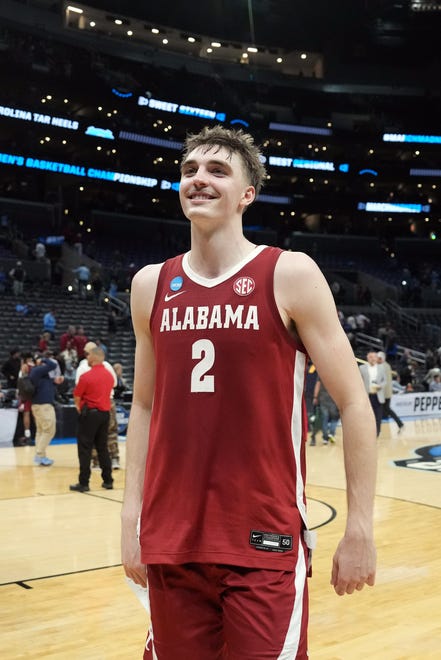 Mar 28, 2024; Los Angeles, CA, USA; Alabama Crimson Tide forward Grant Nelson (2) celebrates after the game against the North Carolina Tar Heels in the semifinals of the West Regional of the 2024 NCAA Tournament at Crypto.com Arena. Mandatory Credit: Kirby Lee-USA TODAY Sports