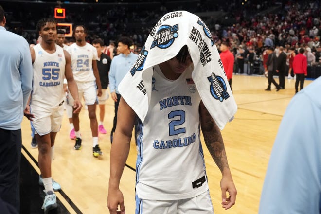 Mar 28, 2024; Los Angeles, CA, USA; North Carolina Tar Heels guard Elliot Cadeau (2) reacts after the game against the Alabama Crimson Tide in the semifinals of the West Regional of the 2024 NCAA Tournament at Crypto.com Arena. Mandatory Credit: Kirby Lee-USA TODAY Sports