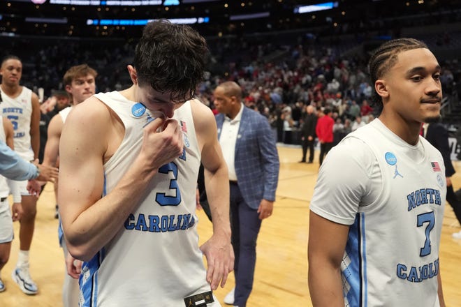 Mar 28, 2024; Los Angeles, CA, USA; North Carolina Tar Heels guard Cormac Ryan (3) reacts after the game against the Alabama Crimson Tide in the semifinals of the West Regional of the 2024 NCAA Tournament at Crypto.com Arena. Mandatory Credit: Kirby Lee-USA TODAY Sports
