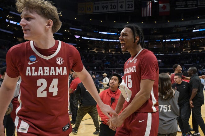 Mar 28, 2024; Los Angeles, CA, USA; Alabama Crimson Tide forward Jarin Stevenson (15) and forward Sam Walters (24) celebrate after defeating the North Carolina Tar Heels in the semifinals of the West Regional of the 2024 NCAA Tournament at Crypto.com Arena. Mandatory Credit: Jayne Kamin-Oncea-USA TODAY Sports