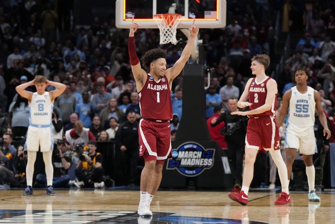 Mar 28, 2024; Los Angeles, CA, USA; Alabama Crimson Tide guard Mark Sears (1) celebrates after defeating the North Carolina Tar Heels in the semifinals of the West Regional of the 2024 NCAA Tournament at Crypto.com Arena. Mandatory Credit: Kirby Lee-USA TODAY Sports