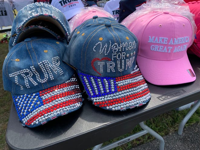 Vendors have all sorts of Donald Trump memorabilia available Saturday, April 20, 2024, at Wilmington International Airport.