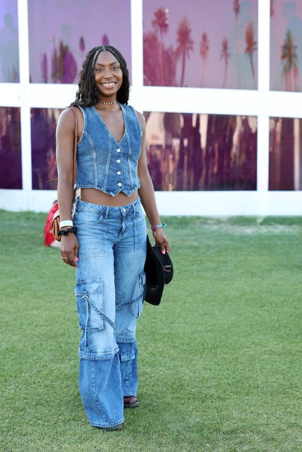 Denim cargo pants made their way to Coachella with a matching vest.