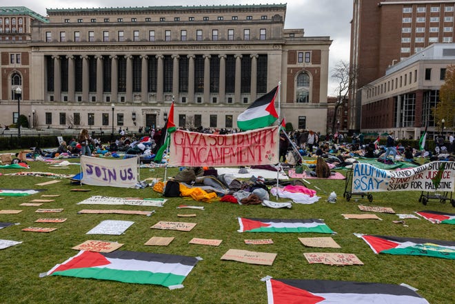 Students occupy the campus grounds of Columbia University in support of Palestinians in New York City on April 19, 2024. Officers cleared out a pro-Palestinian campus demonstration on April 18, a day after university officials testified about anti-Semitism before Congress. Leaders of Columbia University defended the prestigious New York school's efforts to combat anti-Semitism on campus at a fiery congressional hearing on April 17.