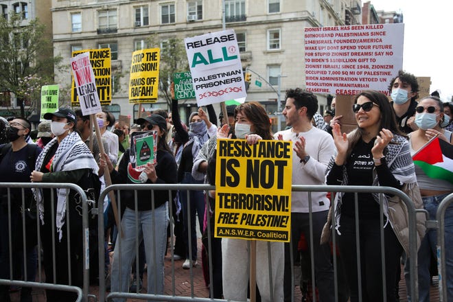 Pro-Palestinian activist protest outside Columbia University in New York City on April 20, 2024.