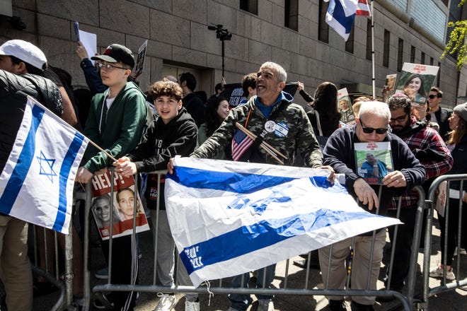 Pro-Israel supporters were kept separated from anti-Israel/pro-Palestinian supporters outside Columbia University in Manhattan April 22, 2024.