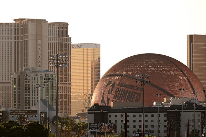 The MSG Sphere lit up as a basketball to celebrate the 2023 NBA Summer League in Las Vegas, Nevada, on July 9, 2023.