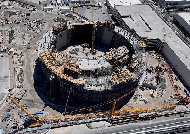 An aerial view shows the USD 1.66 billion MSG Sphere at The Venetian, where construction work is stopped due to the coronavirus (COVID-19) pandemic on May 21, 2020 in Las Vegas, Nevada. The 17,000-seat, 400,000-square-foot entertainment venue is being built in partnership between MSG Entertainment and Las Vegas Sands Corp. and is no longer expected to open in 2021 as initially planned because of the work stoppage.