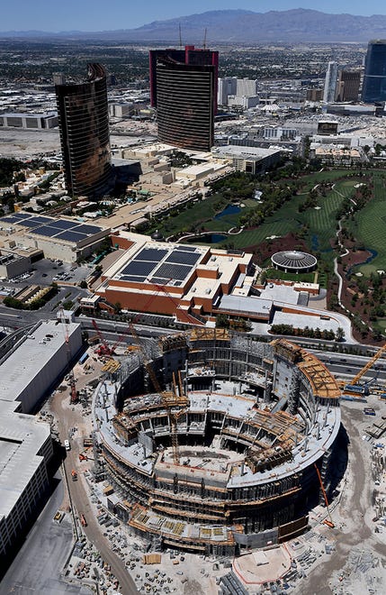 An aerial view shows the USD 1.66 billion MSG Sphere at The Venetian, where construction work is stopped due to the coronavirus (COVID-19) pandemic on May 21, 2020 in Las Vegas, Nevada. The 17,000-seat, 400,000-square-foot entertainment venue is being built in partnership between MSG Entertainment and Las Vegas Sands Corp.