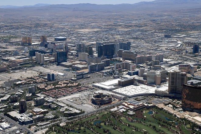 An aerial view shows hotel-casinos and other venues including the under construction Sphere on the Las Vegas Strip.