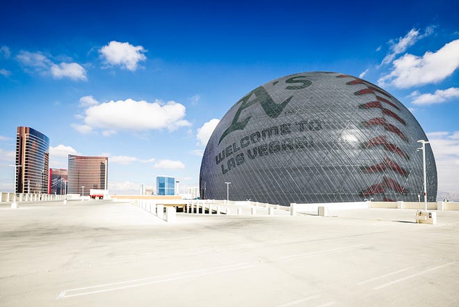 Sphere in Las Vegas celebrates successful Athletics baseball relocation vote displaying the Athletics Logo and welcome message on November 16, 2023 in Las Vegas, Nevada.