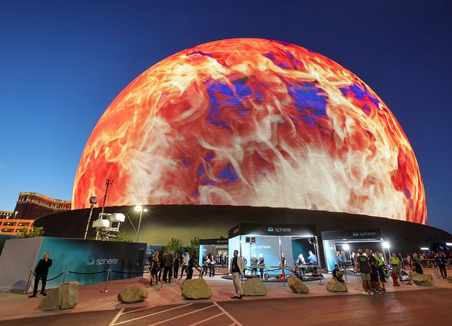 Sphere lights up during the venue's grand opening on September 29, 2023 in Las Vegas, Nevada.