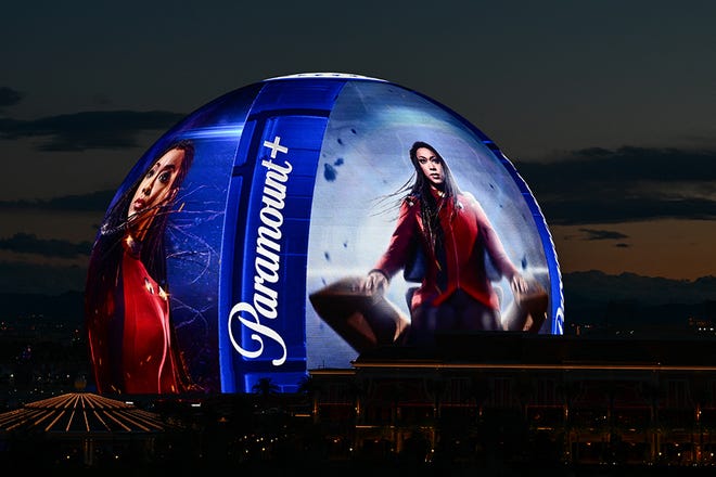 The Paramount Global Paramount+ streaming service logo is displayed on the Sphere arena in Las Vegas, Nevada on February 7, 2024.