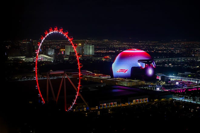 A general view of the Sphere during practice ahead of the F1 Grand Prix of Las Vegas at Las Vegas Strip Circuit on November 16, 2023 in Las Vegas, Nevada.
