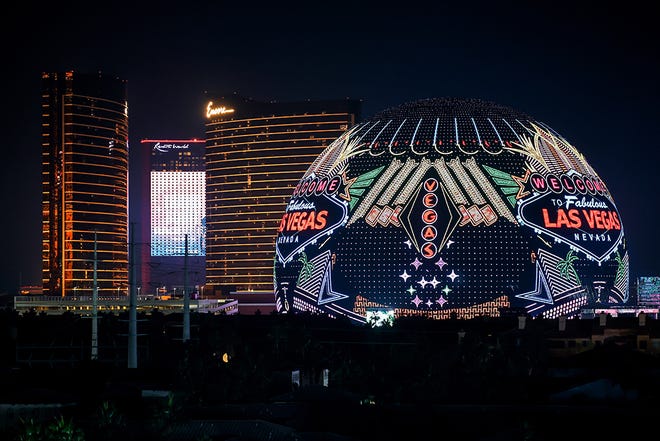 A general view of The Sphere during practice ahead of the F1 Grand Prix of Las Vegas at Las Vegas Strip Circuit on November 17, 2023 in Las Vegas, Nevada.