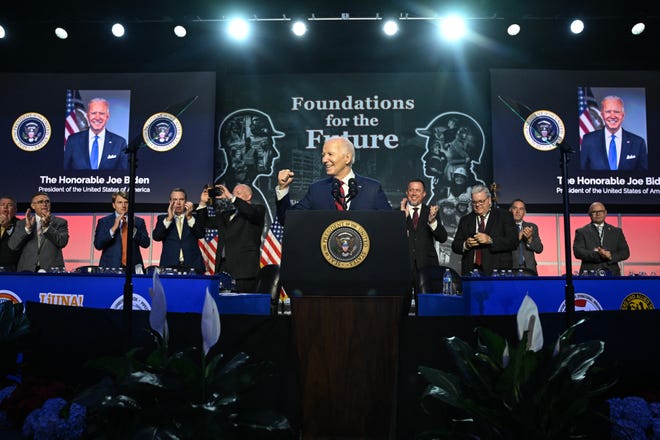 President Joe Biden speaks at the North American Building Trades Unions 2024 Legislative Conference in Washington, D.C., on April 24, 2024, where he also received the group’s endorsement.