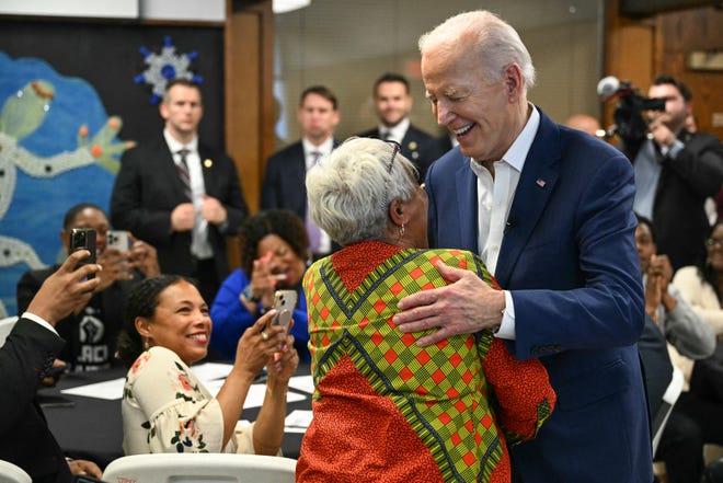 President Joe Biden visits campaign volunteers in Racine, Wis., on May 8, 2024.