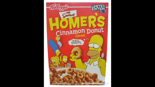 Homer ' s Cinnamon Donut Cereal • Years available: 2001 - 2002 • Manufacturer: Kellogg ' s • Description: Donut-shaped cinnamon flavored cereal