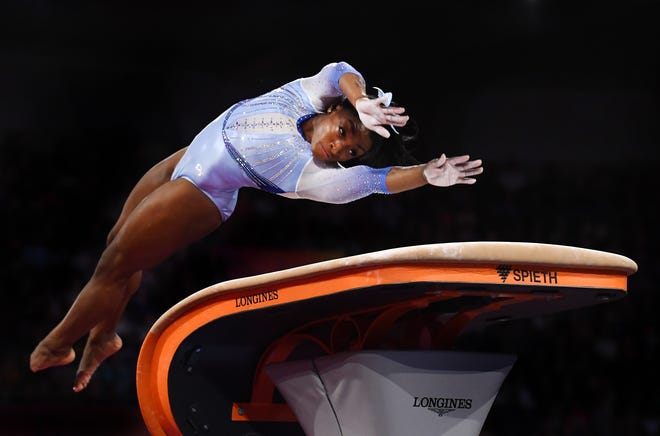 Oct. 5: Simone Biles performs on the vault during the qualifying session at the FIG Artistic Gymnastics World Championships in Stuttgart, Germany.