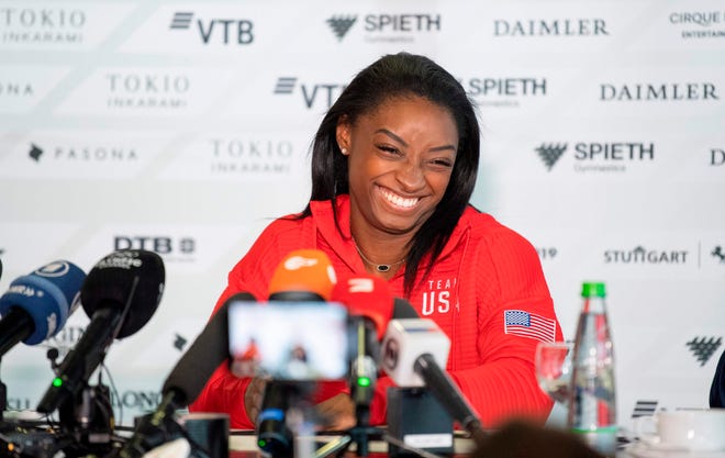Simone Biles gives a press conference prior to the FIG Artistic Gymnastics World Championships in Stuttgart, Germany, on October 1.