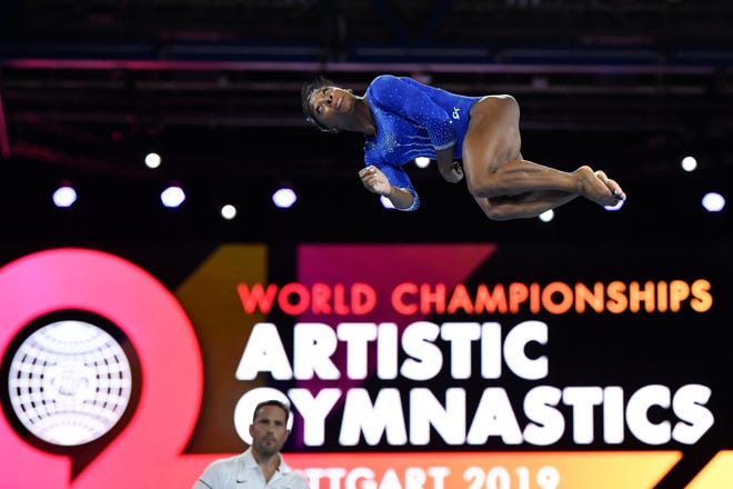 Simone Biles takes part in a training session at the FIG Artistic Gymnastics World Championships in Stuttgart, Germany.