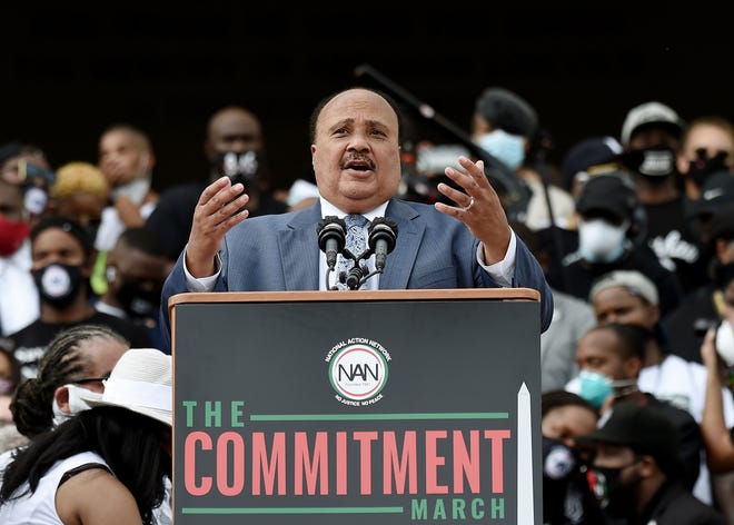 Martin Luther King III speaks during the March on Washington, Friday Aug. 28, 2020, in Washington, on the 57th anniversary of the Rev. Martin Luther King Jr.’s “I Have A Dream” speech.