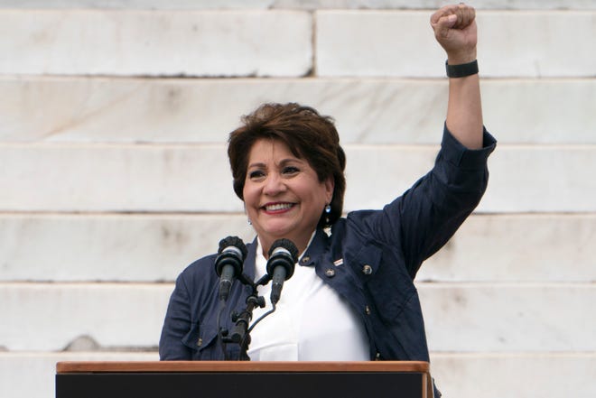 Janet Murguia, president of UnidosUS, speaks during the March on Washington, Friday Aug. 28, 2020, at the Lincoln Memorial in Washington, on the 57th anniversary of the Rev. Martin Luther King Jr.'s "I Have A Dream" speech.
