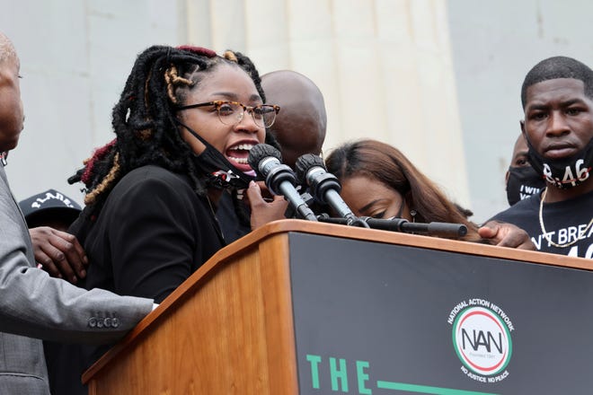 Bridgett Floyd, the sister of George Floyd, speaks during the March on Washington, Friday Aug. 28, 2020, in Washington, on the 57th anniversary of the Rev. Martin Luther King Jr.'s "I Have A Dream" speech.