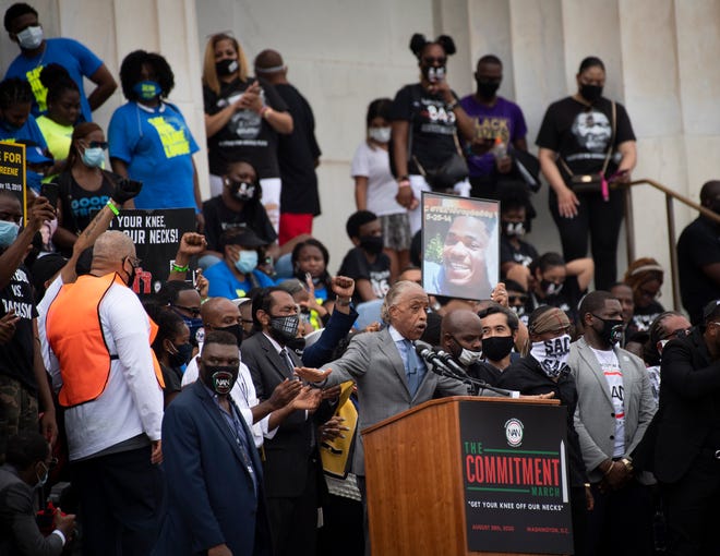 Rev. Al Sharpton delivers remarks as people gather at the 'Get Off Our Necks' Commitment March on Washington on August, 28, 2020.
