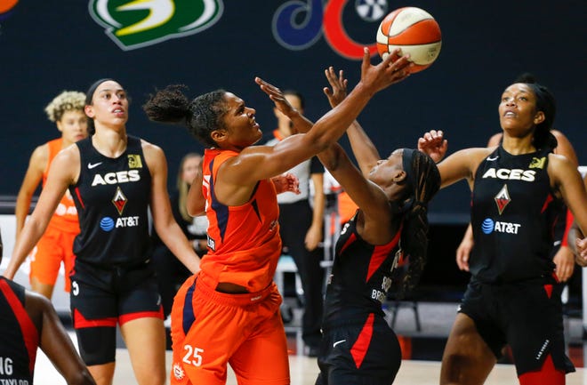 Semifinals: Connecticut Sun forward Alyssa Thomas (25), shooting against Las Vegas Aces, tallied 18 points, six rebounds, five assists and five steals in Game 1 of their best-of-five series on Sept. 20.