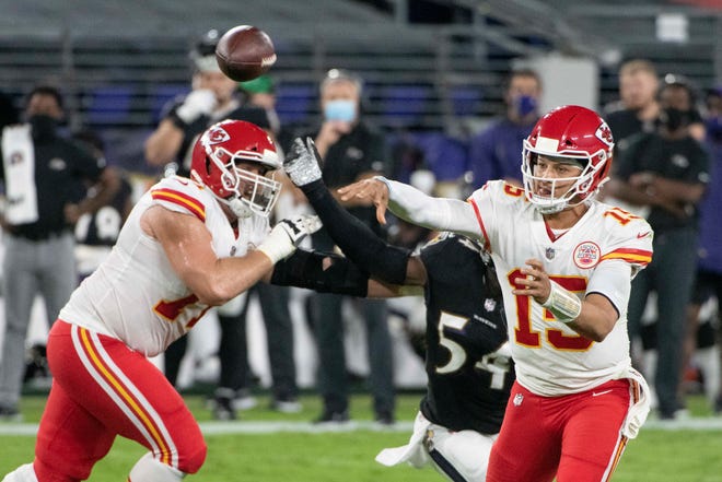 Kansas City Chiefs quarterback Patrick Mahomes (15) throws during the first half against the Baltimore Ravens at M&T Bank Stadium.