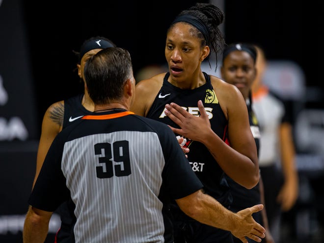 Semifinals: Aces center A'ja Wilson pleads her case with an official during Game 5 against the Sun.