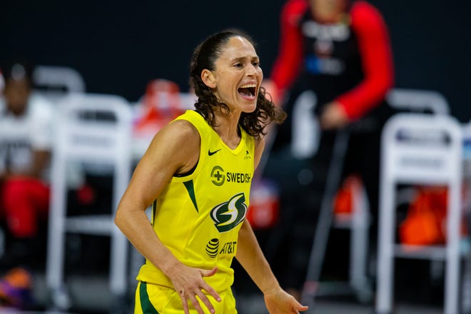 Finals: Seattle Storm guard Sue Bird reacts to a play during Game 1 against the Las Vegas Aces. Bird set a WNBA playoff record with 16 assists in the contest.