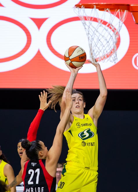 Finals: Seattle Storm forward Breanna Stewart attempts a three-point shot during Game 3 of the 2020 WNBA Finals at IMG Academy. Stewart led all scorers with 26 points.